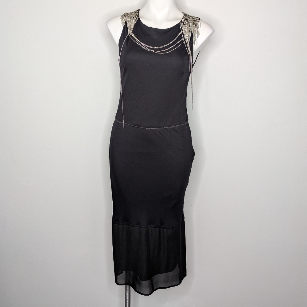 Haute Hippie Black Silver Chain Accent Sleeveless Midi Dress S